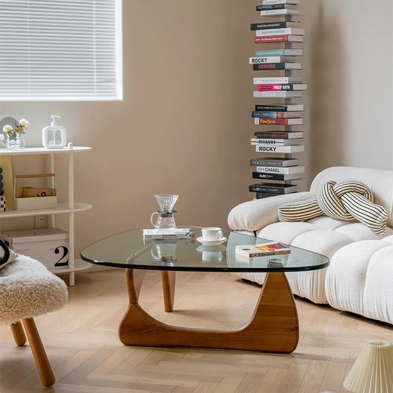 Triangle Glass Coffee Table, Mid-Century Modern End Table, Walnut Clear