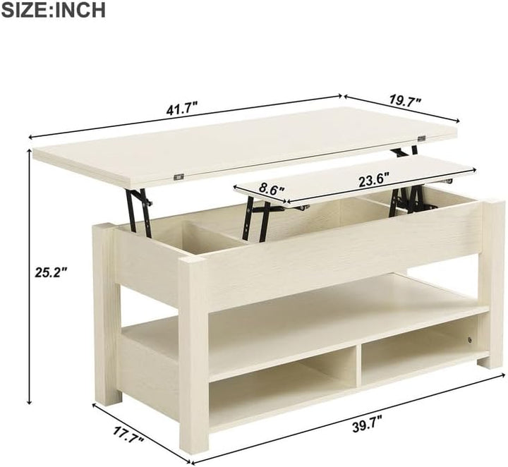 Lift Top Coffee Table with Storage Shelf, Wooden Coffee Tables, Ivory