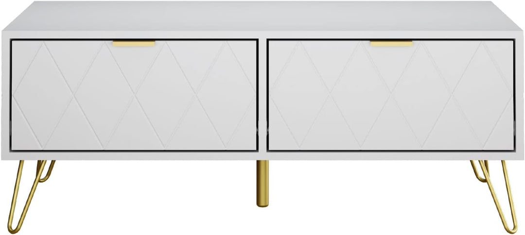 Scurrty Modern Coffee Table with Drawers, Open Shelves, Gold, White