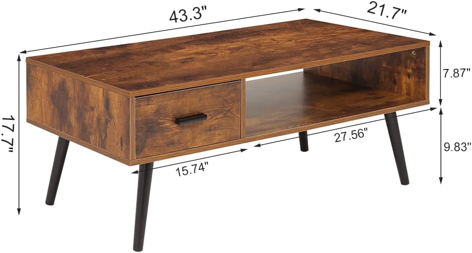 Rustic Mid-Century Coffee Table with Drawer and Shelf, Rustic Brown