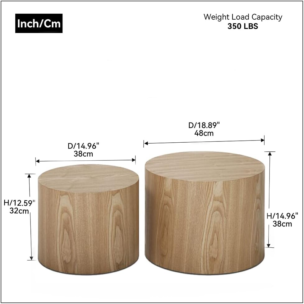 Wood Round Coffee Table Set of 2, Circle Nesting Table Set