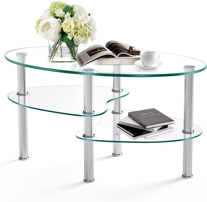 Nidouillet 3-Tier Tempered Glass Coffee Table, Oval, Gray