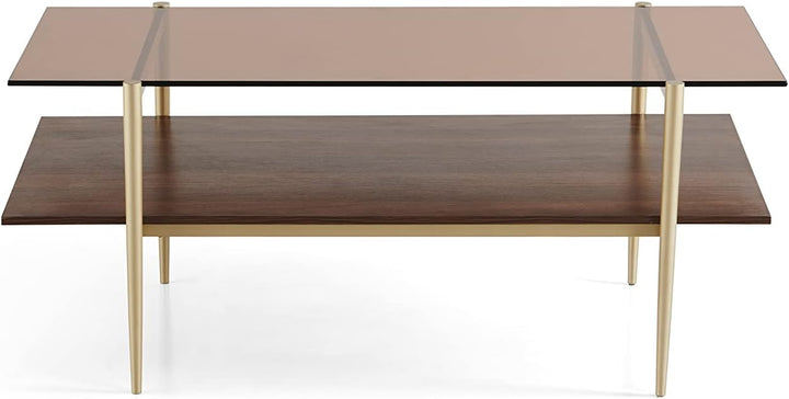 AGV LIGHTING Glass Coffee Table, Double Layer, Gold Frame, Coffee Brown Glass Top, Walnut Brown Wood Top