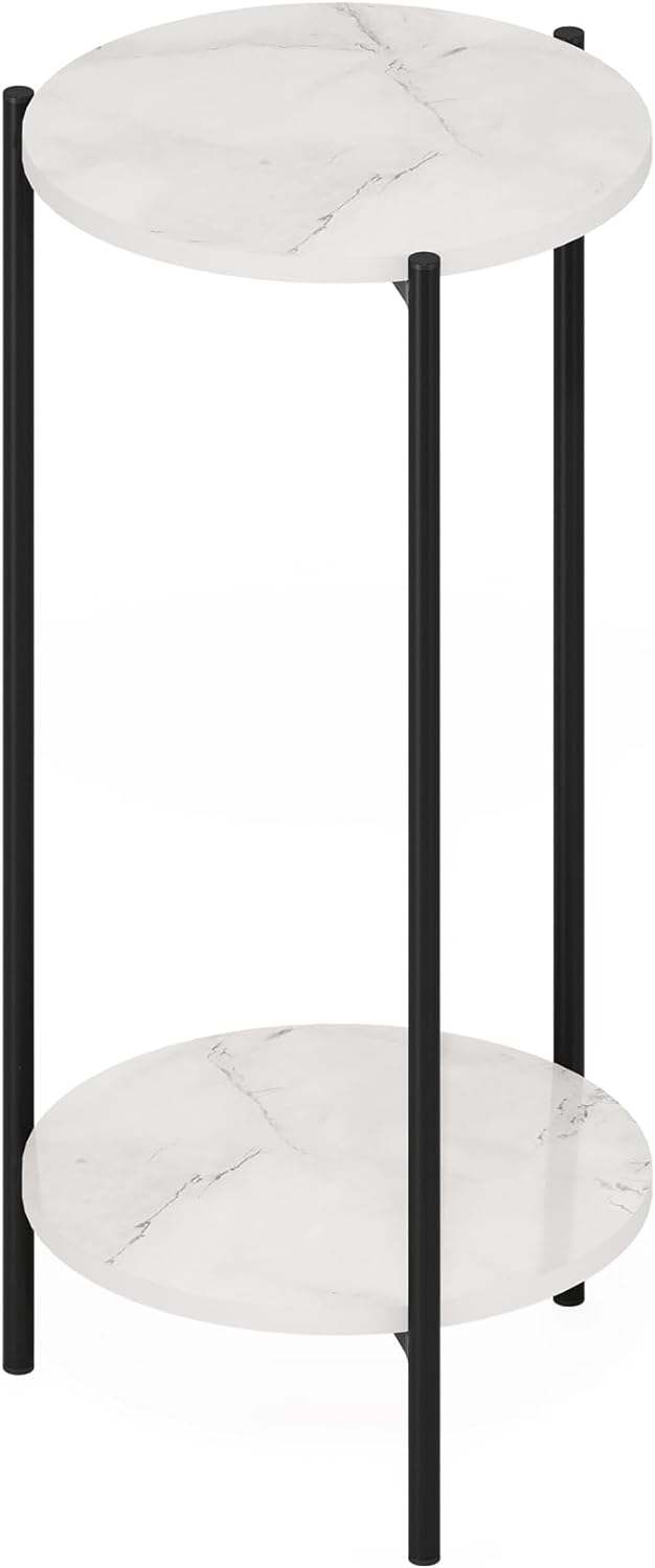 Furinno Besi 2-Tier Modern Round Side End Table, Marble White