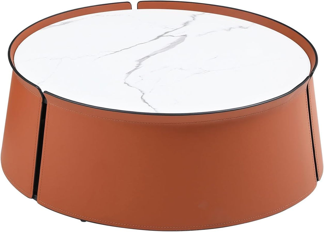 Coffee Table, Modern Round End Table, Saddle Leather, 31.5" Brown