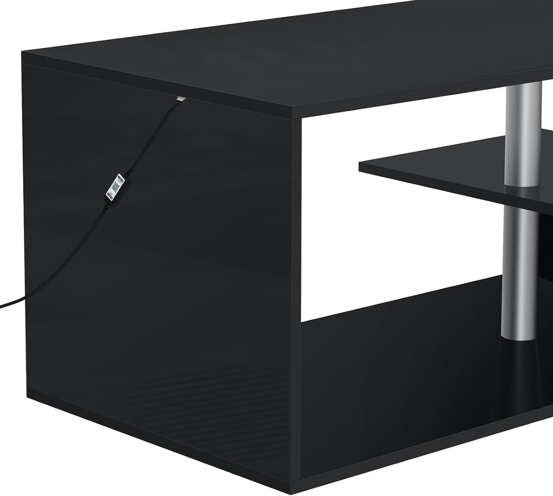 Elegant Modern Coffee Table with LED Lighting, 3-Tier Storage, Black