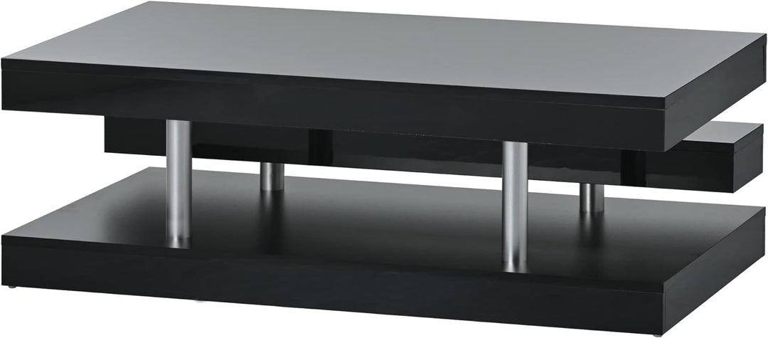 Modern 2-Tier Coffee Table, Silver Metal Legs, High-Gloss UV, Black