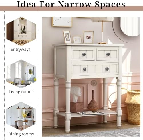 Narrow Console Sofa Table 3 Drawers Bottom Shelf Ivory