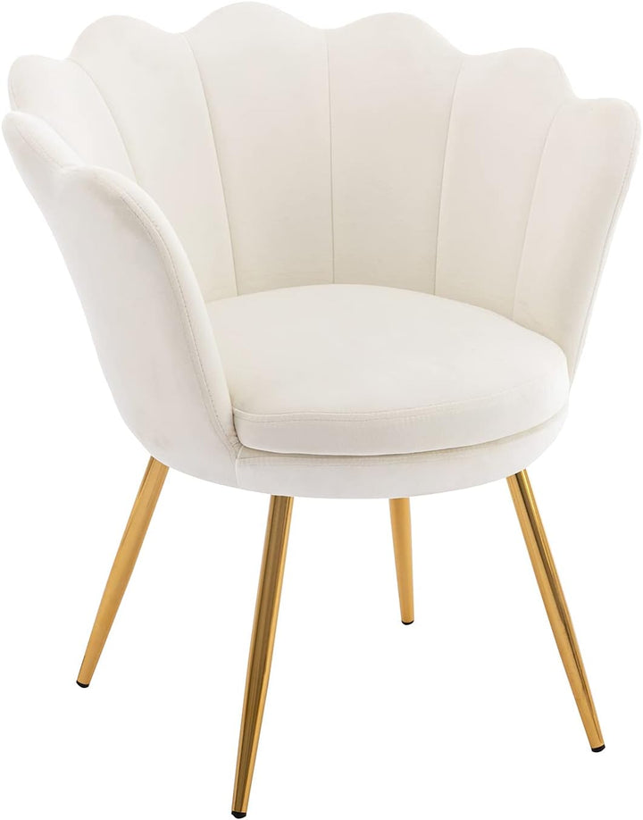 Small Accent Chair, Velvet Gold Cute Vanity Chair, Upholstered Shell Shaped Office Guest Modern Chair Arm Chair, Cream White