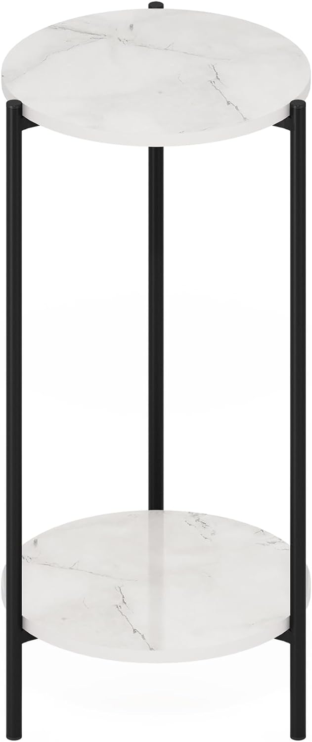 Furinno Besi 2-Tier Modern Round Side End Table, Marble White