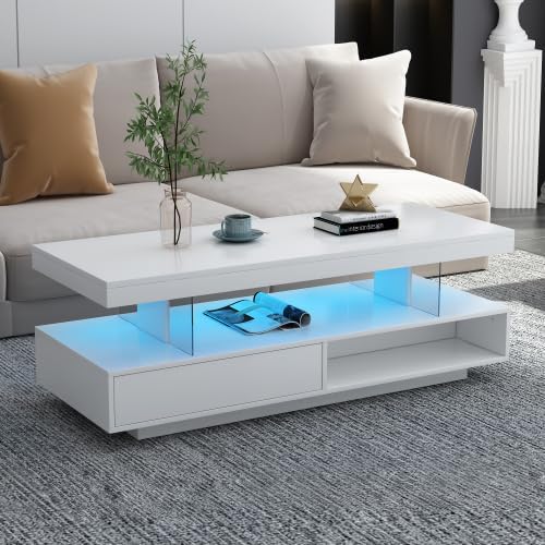 High Gloss Coffee Table with Storage, LED Lights, White