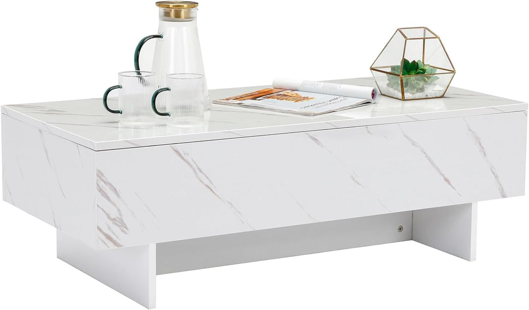 Marble White Cool Coffee Table, Rectangular Glossy Smart Contemporary Center Table, White