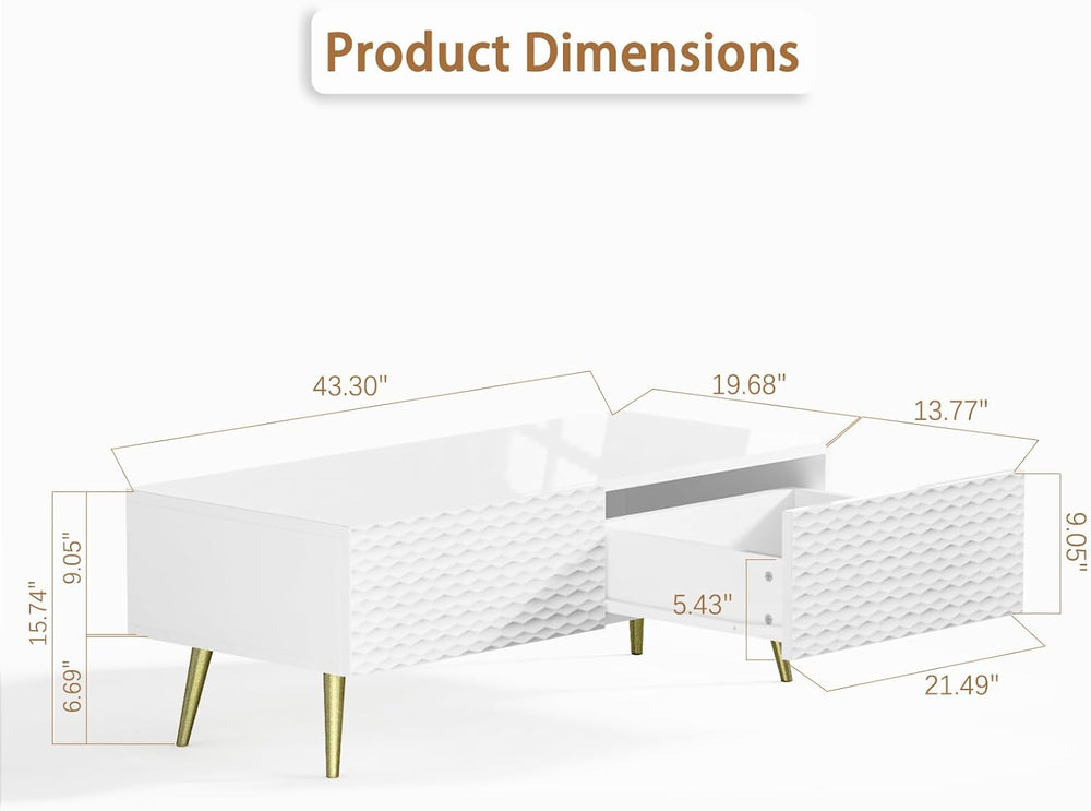 Modern Rectangular Coffee Table with Drawers, White