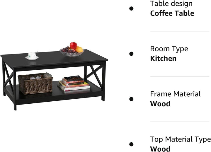 Stylish 2-Tier Wood Coffee Table, X-Shaped Accent Cocktail Table, Black