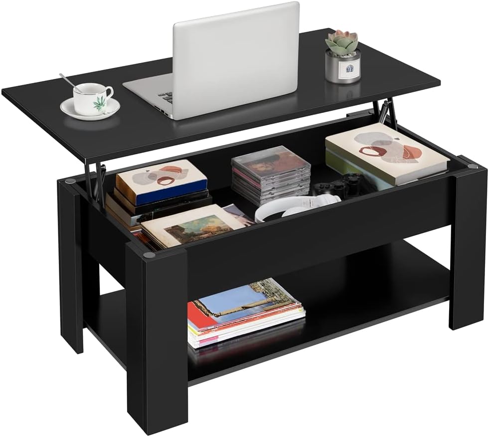 Wooden Lift-Top Coffee Table with Hidden Storage, Black