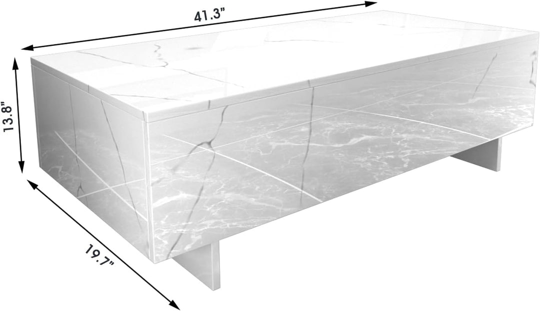 Marble White Cool Coffee Table, Rectangular Glossy Smart Contemporary Center Table, White