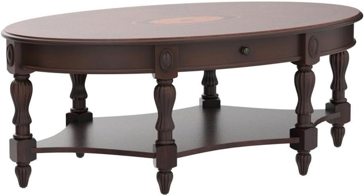 Solid Wood Oval Coffee Table with Storage Drawer, Cherry Walnut