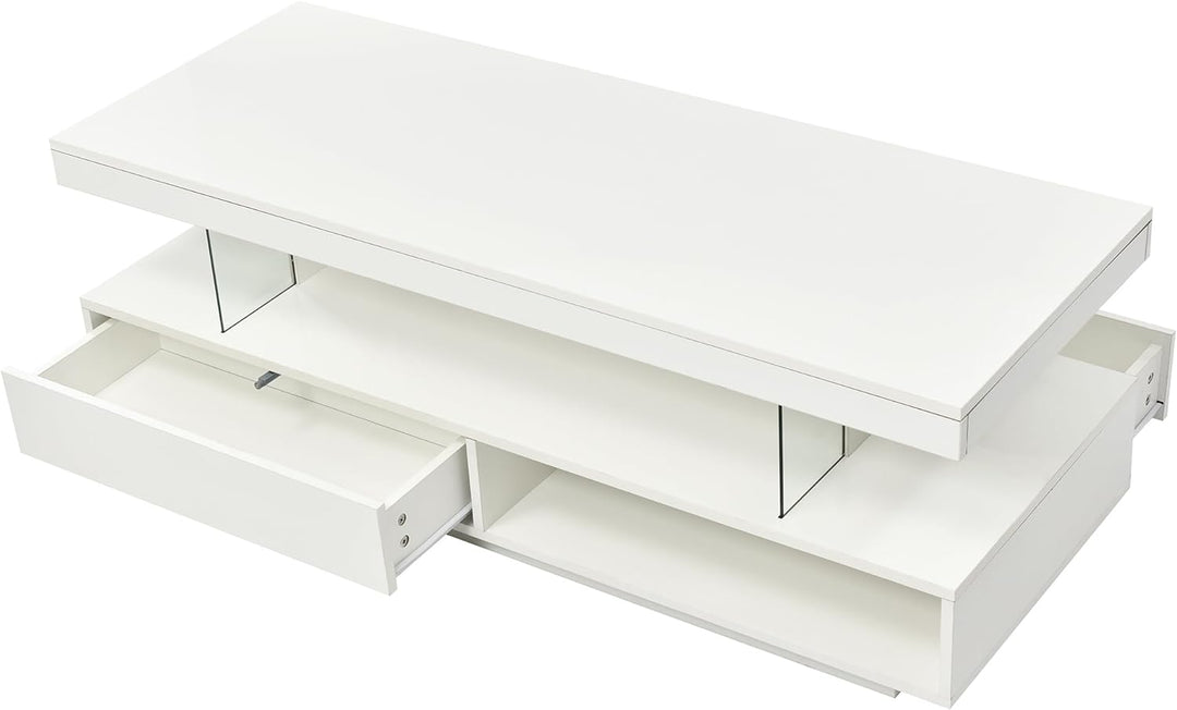 Polibi Modern LED Coffee Table with Storage, 2 Drawers, White