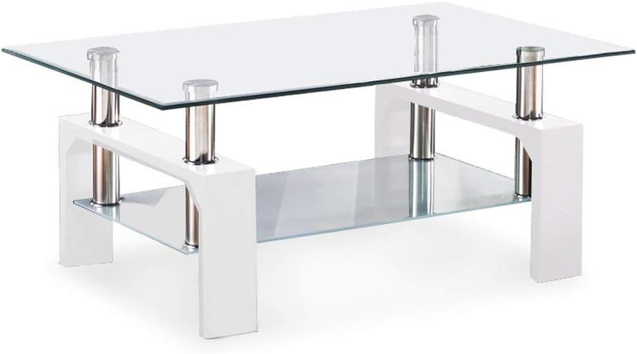 Modern White Glass Coffee Table with Lower Shelf, Metal Legs