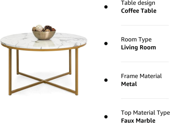 Faux Marble Accent Table, Modern End Table - White/Gold