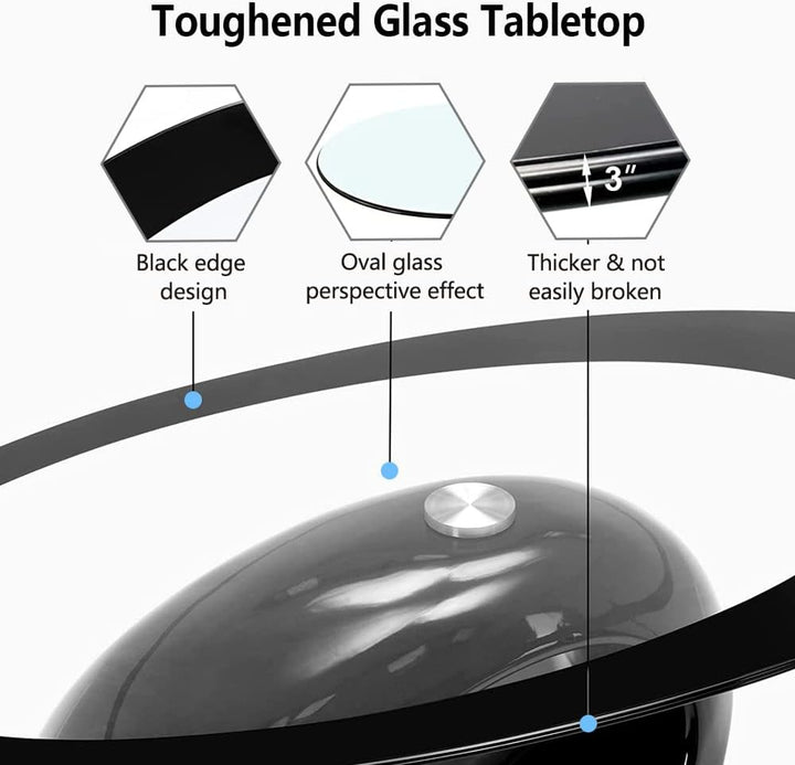 Oval Glass Coffee Table with Tempered Glass Top, Black