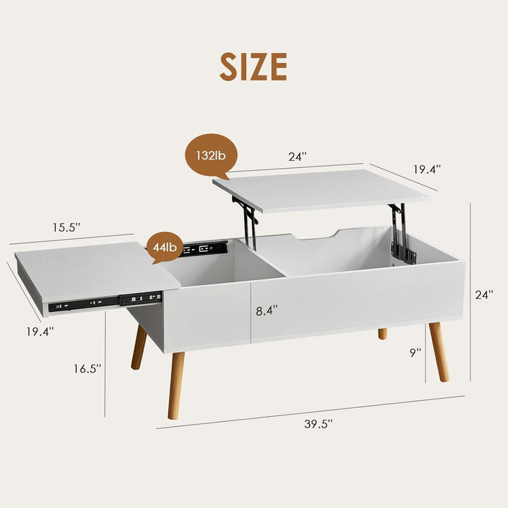 Coffee Table with Hidden Storage Drawer, Modern Lift Top Desk, White