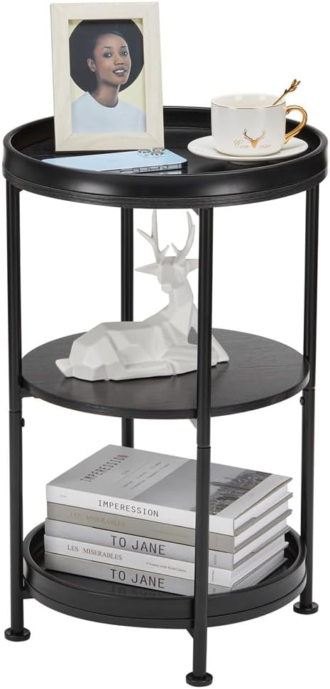 Side Table, 3 Shelves, Steel Frame, Black