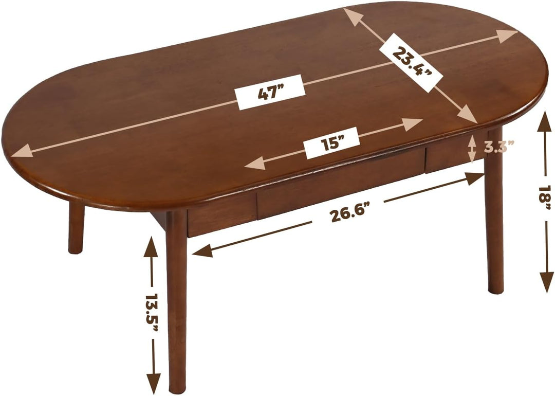 Solid Wood Coffee Table with Storage, Mid-Century Oval, Walnut