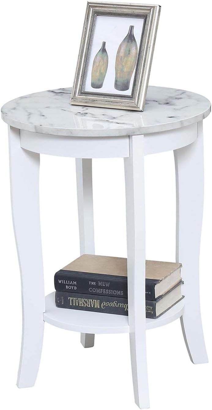 American Heritage Round End Table, White Faux Marble / White