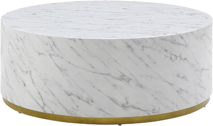 Round Coffee Table, Modern Wood Faux Marble, Drum Nesting, Marble White