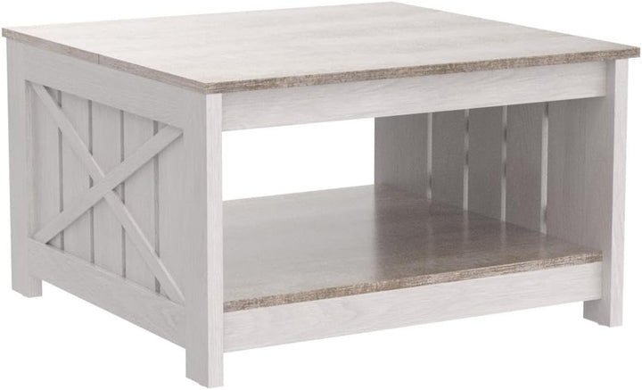 Rustic Farmhouse Coffee Table with Storage, Grey Wash