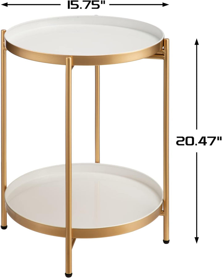 2-Tier Round Metal End Table, Gold&White