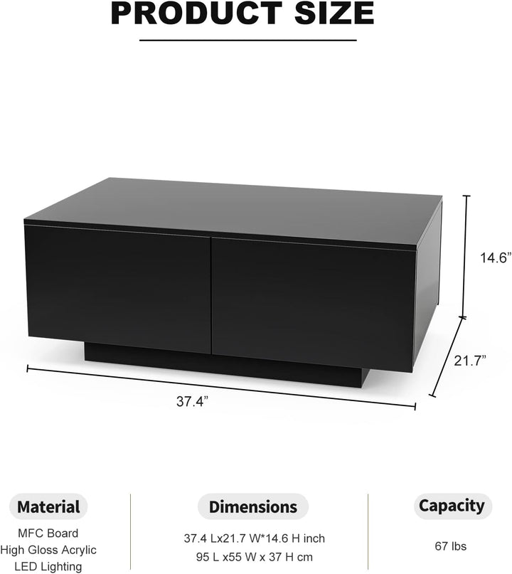 Modern LED Coffee Table with 4 Drawers, Black High Gloss