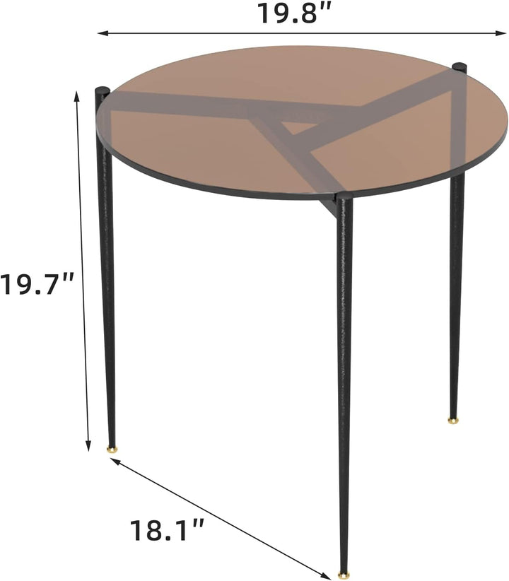 Modern Round End Table: 19.8" Glass Top, 3 Legs, Brown