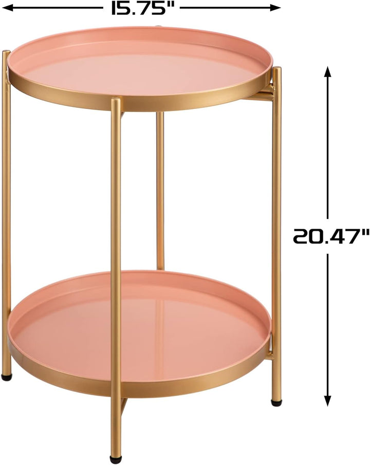 2-Tier Round Metal End Table, Gold&Pink