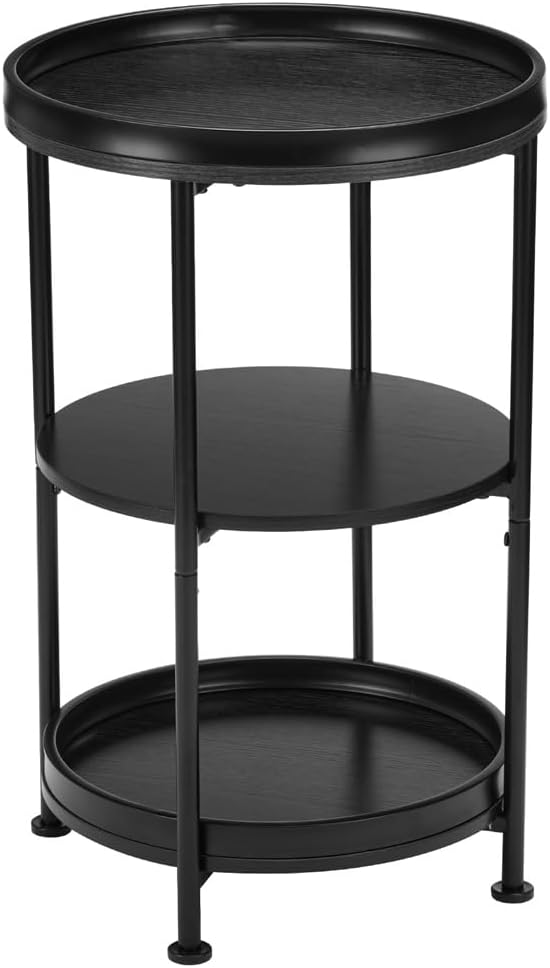 Side Table, 3 Shelves, Steel Frame, Black