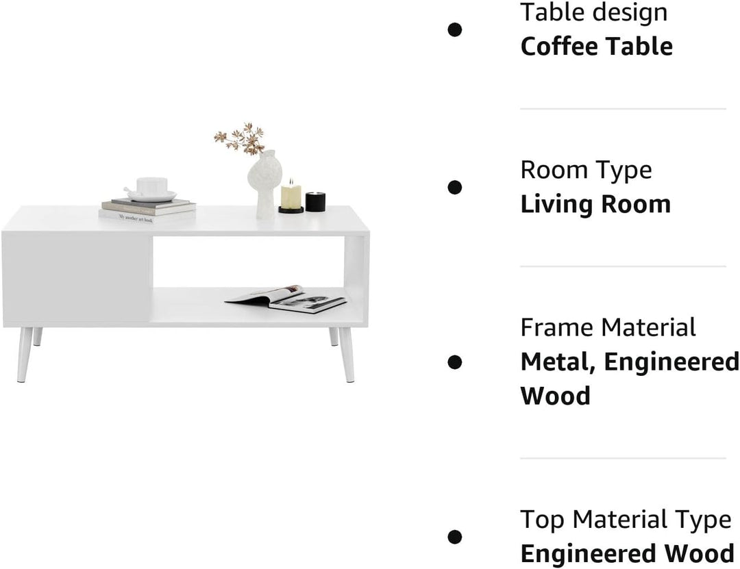 Yusong Modern Wood Coffee Table, Retro Mid-Century Center Tables, White