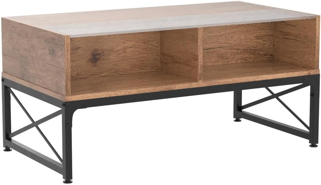 Bestier Wood Coffee Table with Glass Top, LED Lighting, Grey Wash