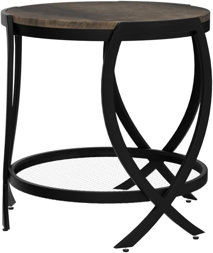 Industrial Round End Table, 2-Tier Side Table, Rustic