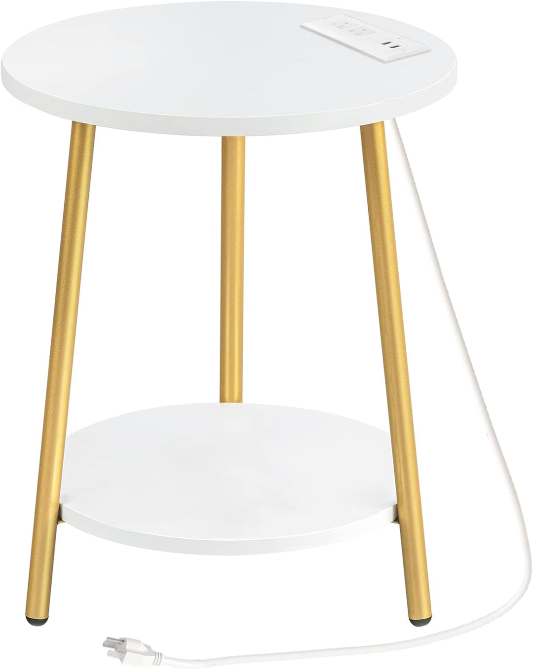 Round End Table, 2-Tier Side Table, White Gold