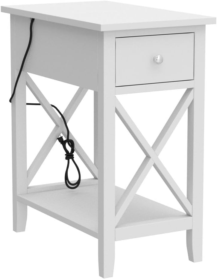 End Table with Charging Station, Narrow White