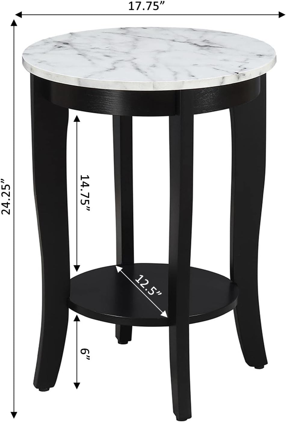 American Heritage Round End Table, White Faux Marble / Black