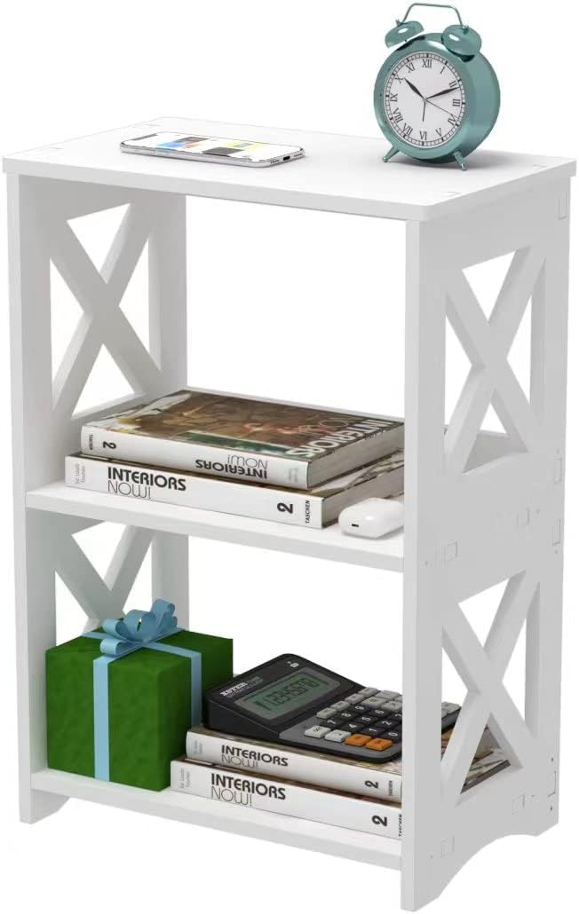 3-Tier Side Table, Narrow Bedside Shelf, White