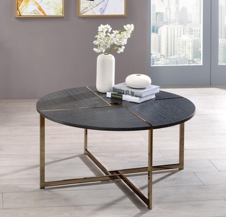 Farmhouse & Modern Circle Coffee Table, Champagne Metal & Wood