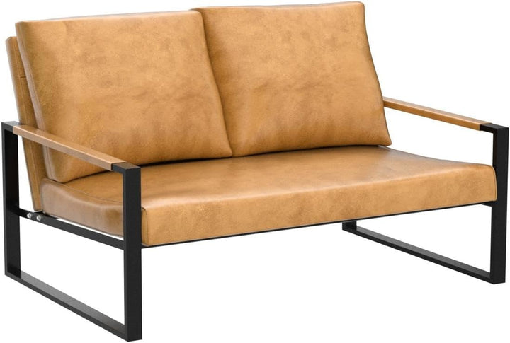 Mid-Century Modern Loveseat Sofa Faux Leather 2-Seat Couch