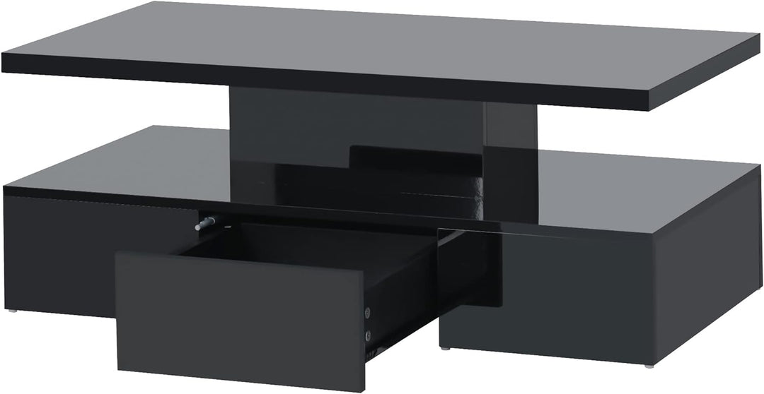 High Glossy Coffee Table with LED Lights, 2-Tier Rectangle Living Room Furniture, Black, 16 Colors