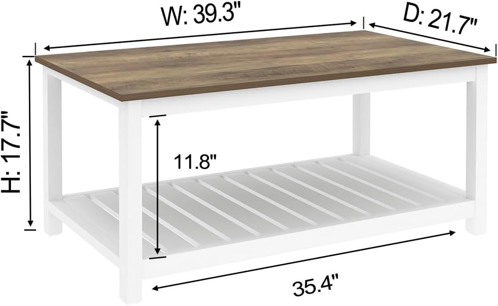 Rustic Farmhouse Coffee Table with Storage Shelf, White