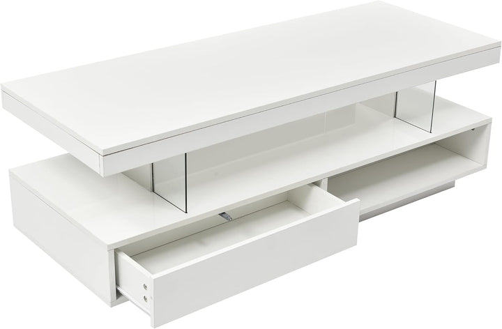 High Gloss Coffee Table with Storage, LED Lights, White