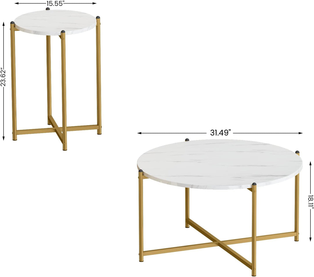 Faux Marble Coffee Table Set, Round Tabletop, Metal Base, White, Gold