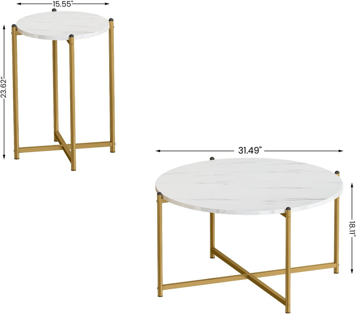 Faux Marble Coffee Table Set, Round Tabletop, Metal Base, White, Gold